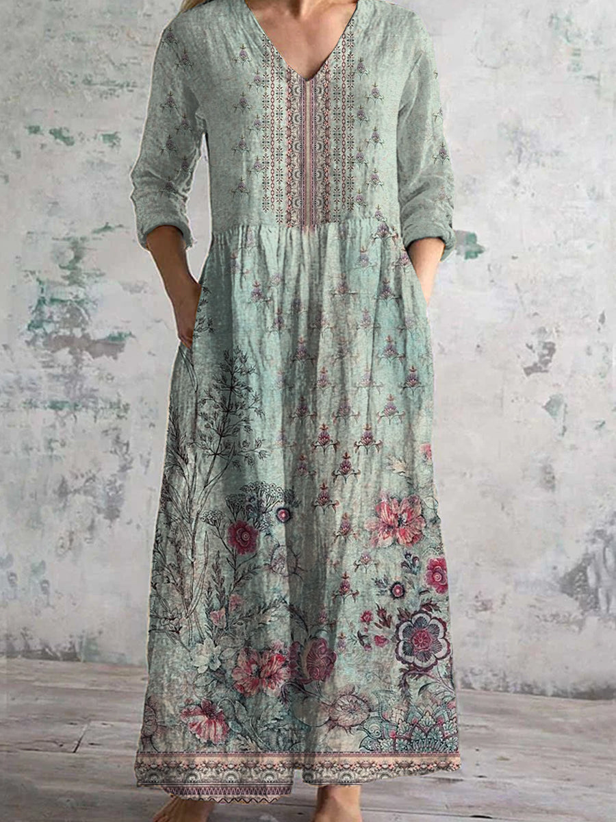 Eya™ | Vestido midi bohemio y elegante con cuello en V y estampado floral vintage para mujer