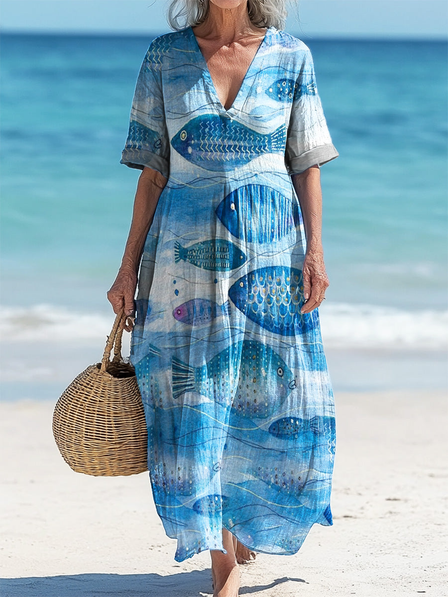 Viana™ | Vestido midi holgado, elegante y chic, con estampado vintage de peces y cuello en V