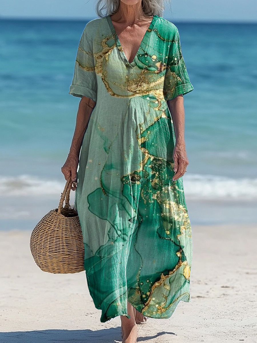 Amavie™ | Vestido midi holgado con estampado artístico vintage y cuello en V, elegante y chic