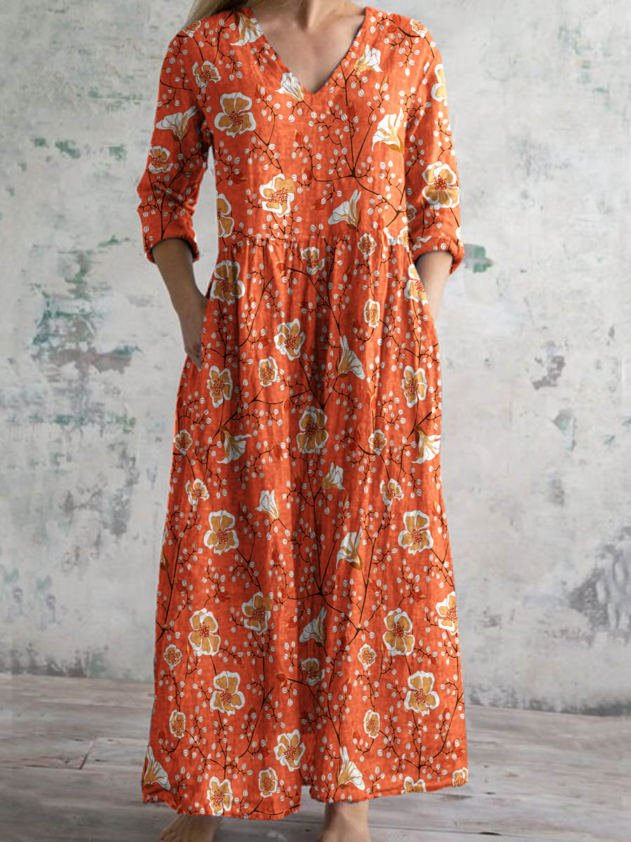 Draka™ | Vestido midi bohemio y elegante con cuello en V y estampado floral vintage para mujer