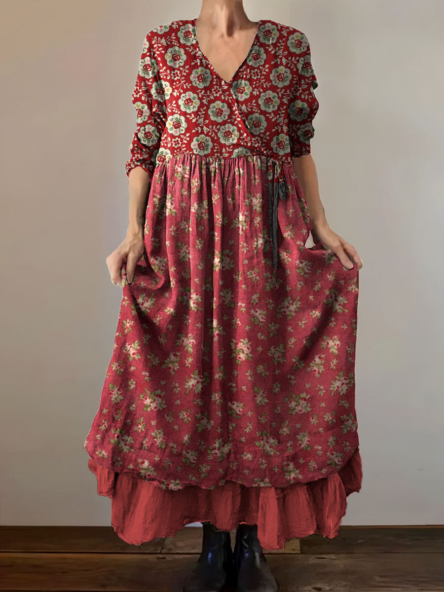 Tiare™ | Vestido midi holgado y elegante de estilo bohemio con cuello en V y estampado floral