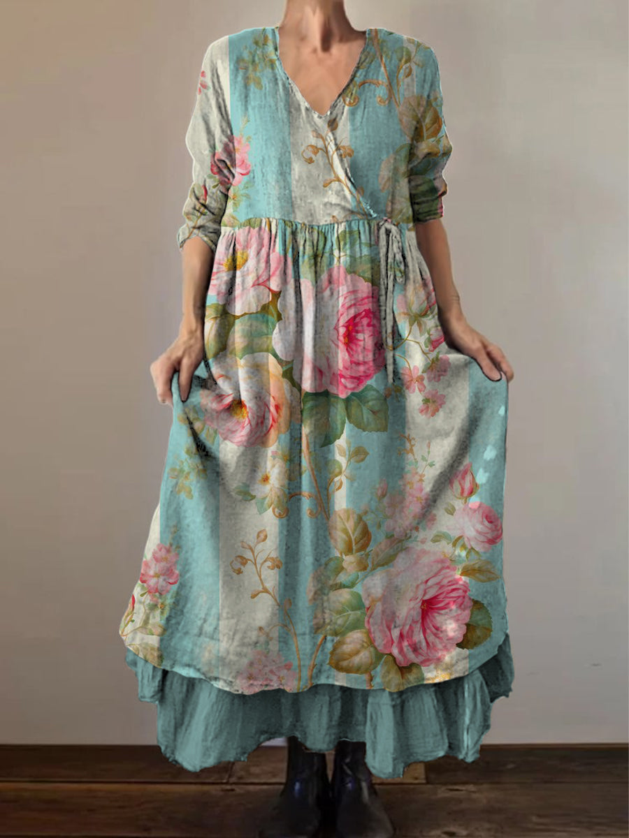 Vaneza™ | Vestido midi de estilo retro boho con estampado floral vintage, cuello en V, doble dobladillo y mangas largas de algodón