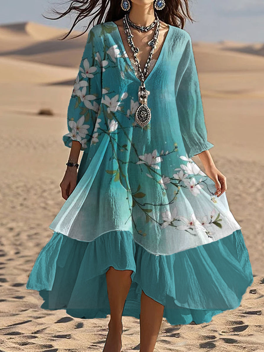 Milika™ | Vestido midi holgado y elegante de estilo bohemio con cuello en V y estampado floral