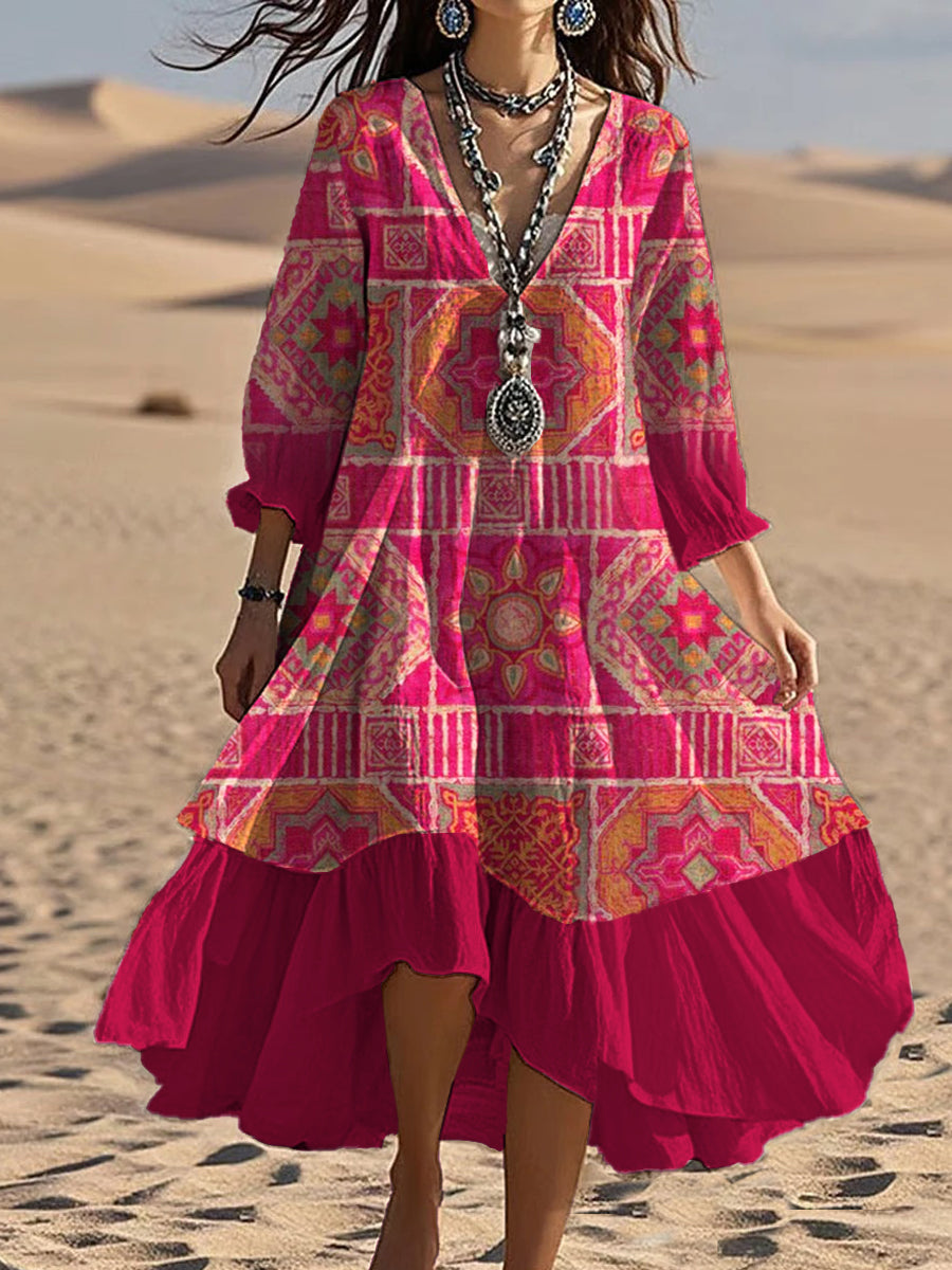 Zarxa™ | Vestido midi holgado y elegante de estilo bohemio con cuello en V y estampado floral