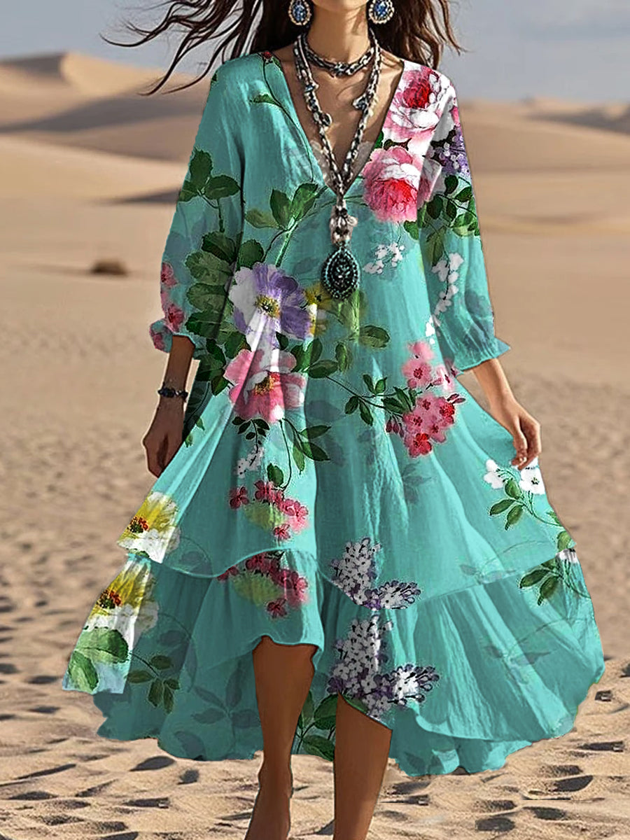 Shorena™ | Vestido midi holgado y elegante de estilo bohemio con cuello en V y estampado floral
