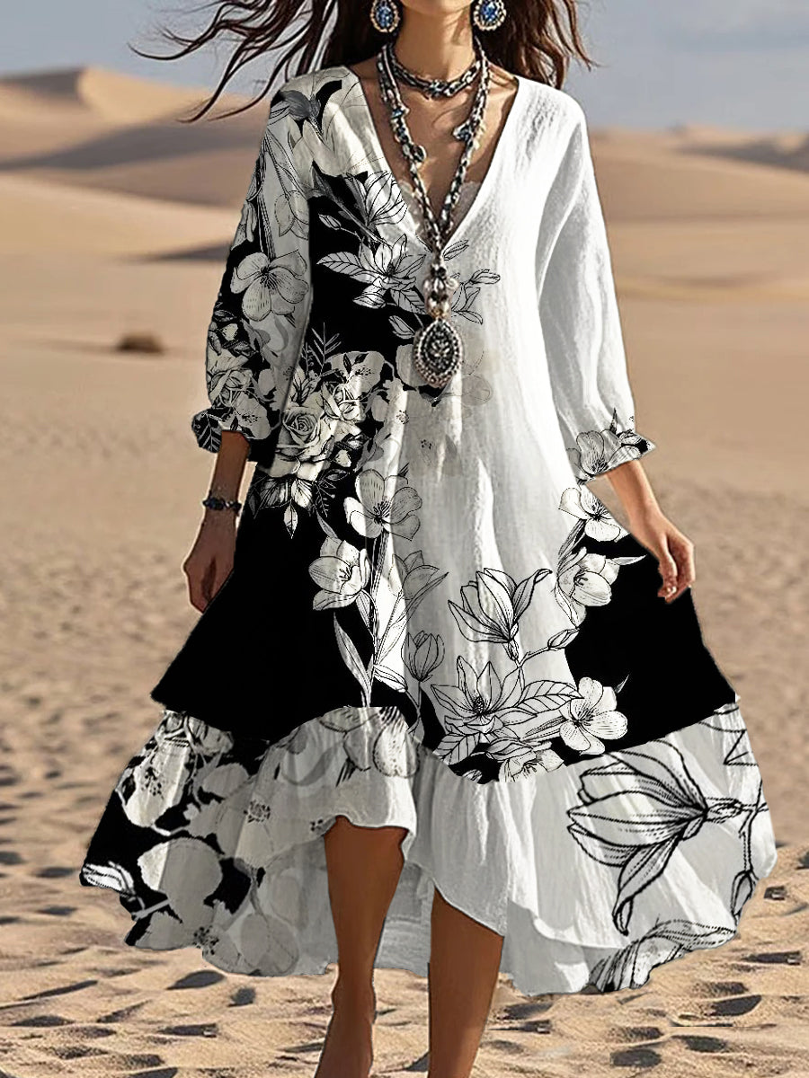 Belene™ | Vestido midi holgado y elegante de estilo bohemio con cuello en V y estampado floral