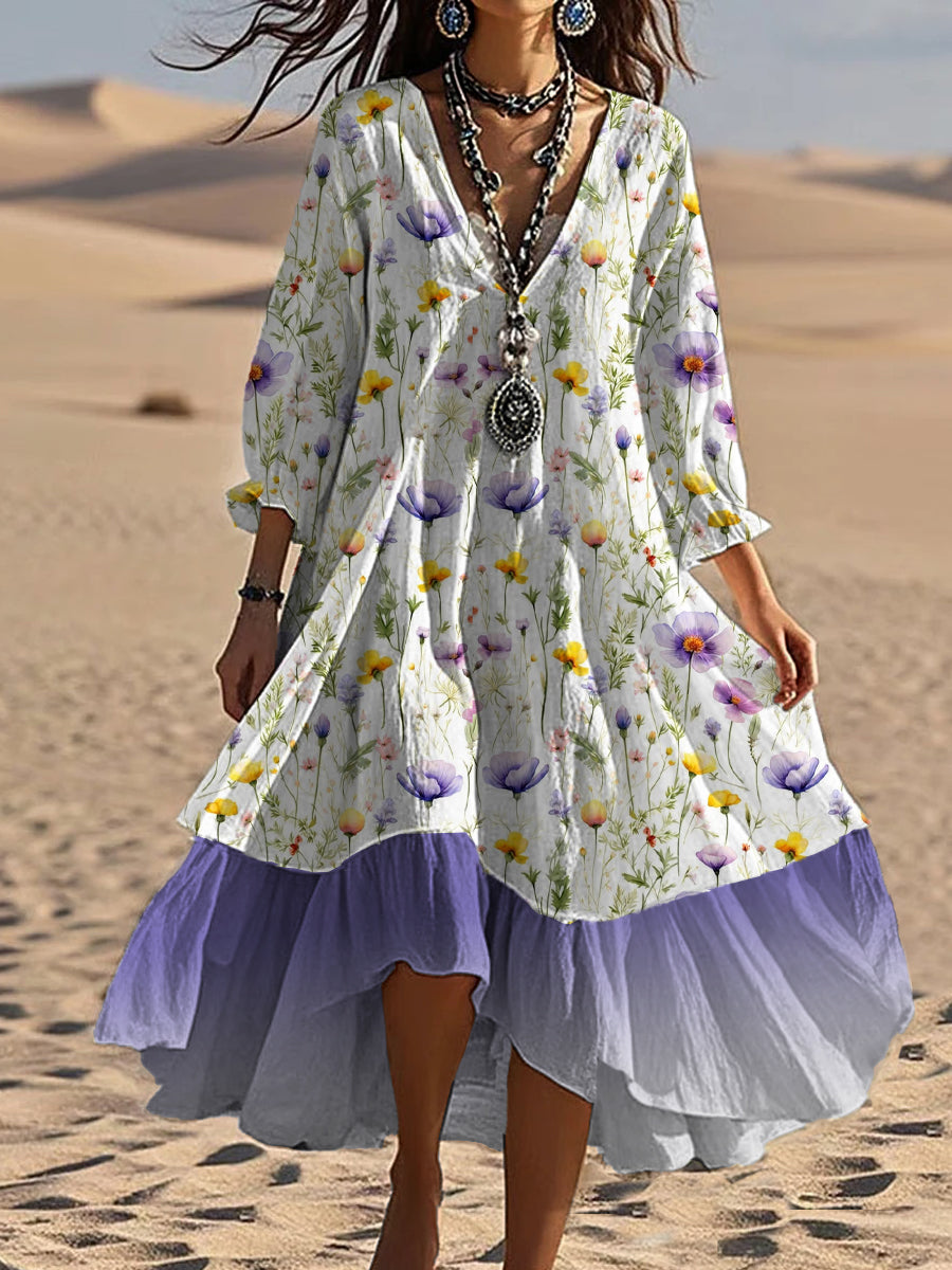 Valky™ | Vestido midi holgado y elegante de estilo bohemio con cuello en V y estampado floral