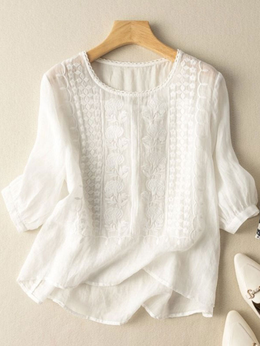 T-shirt décontracté en coton-lin à fleurs pour femmes