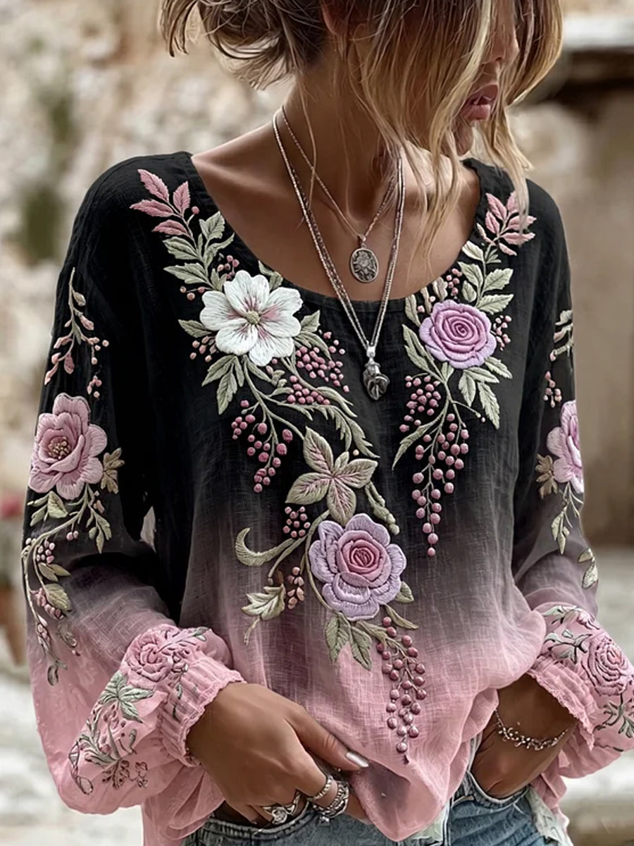 Tangent™ | Estampado floral retro, top informal de algodón y lino