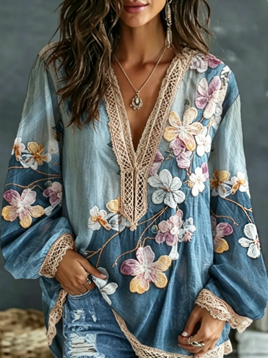 Anglex™ | Camisa bohemia en mezcla de lino, con bordados florales.