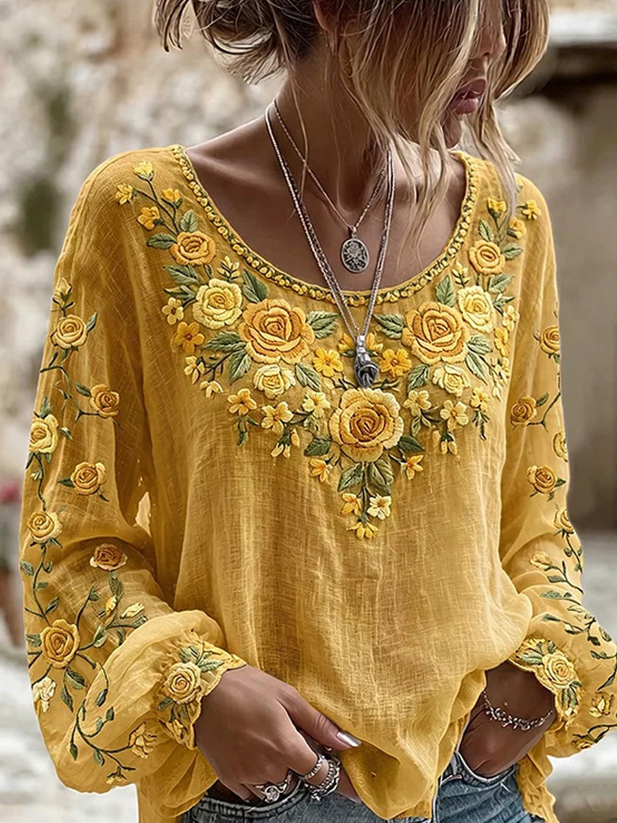 Esfera™ | Estampado floral retro, top informal de algodón y lino