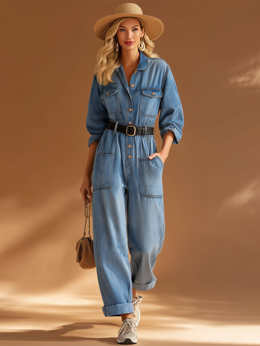 Silve™ | Mono de manga larga de denim azul, estilo casual retro, con solapa y botones