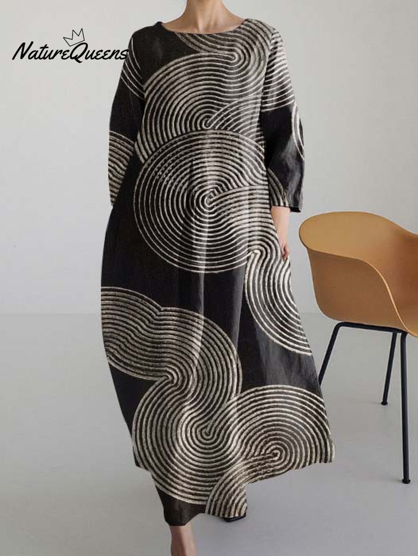 Data™ | Vestido de manga larga y cuello redondo con estampado de arte abstracto japonés
