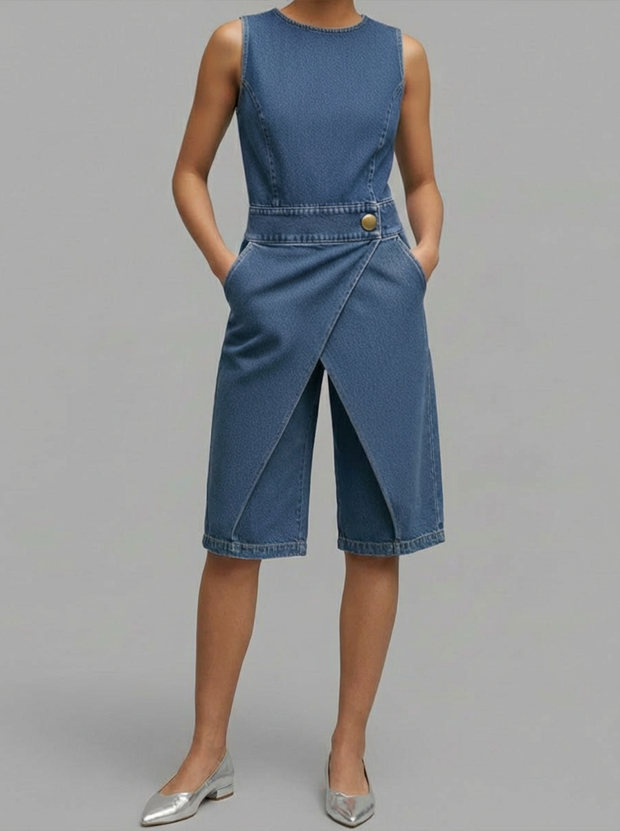 Softa™ | Mono informal de mujer de denim, holgado, sin mangas, con cuello redondo y pernera ancha