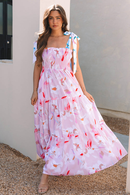 Dhalia™ | Vestido largo fruncido con hombros anudados y estampado floral rosa
