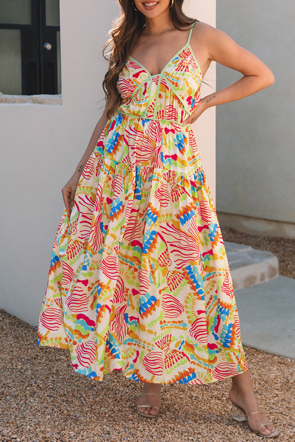 Kaldra™ | Vestido con tirantes finos y ribetes, estampado abstracto naranja