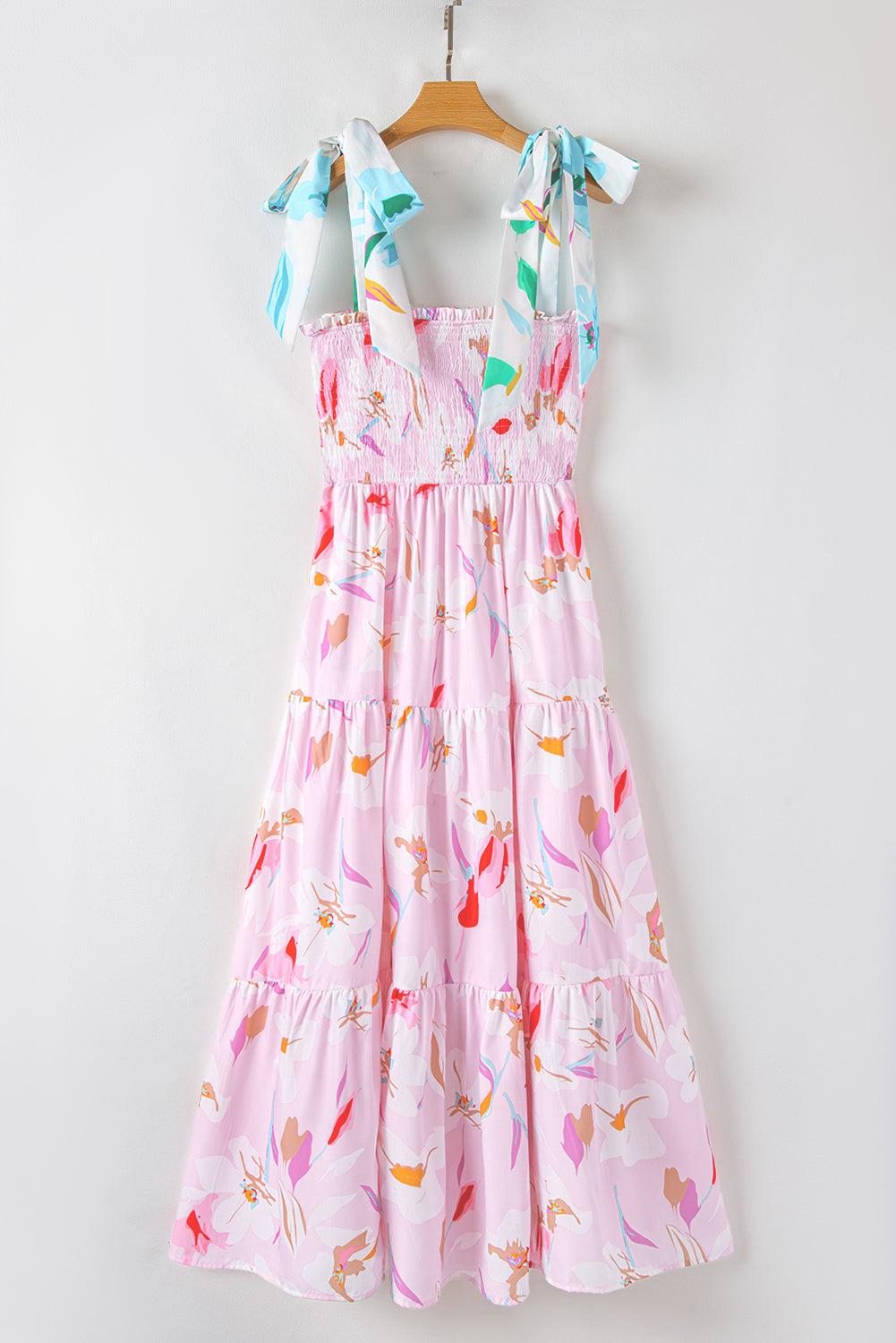 Dhalia™ | Vestido largo fruncido con hombros anudados y estampado floral rosa