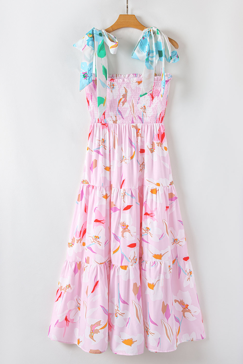 Dhalia™ | Vestido largo fruncido con hombros anudados y estampado floral rosa