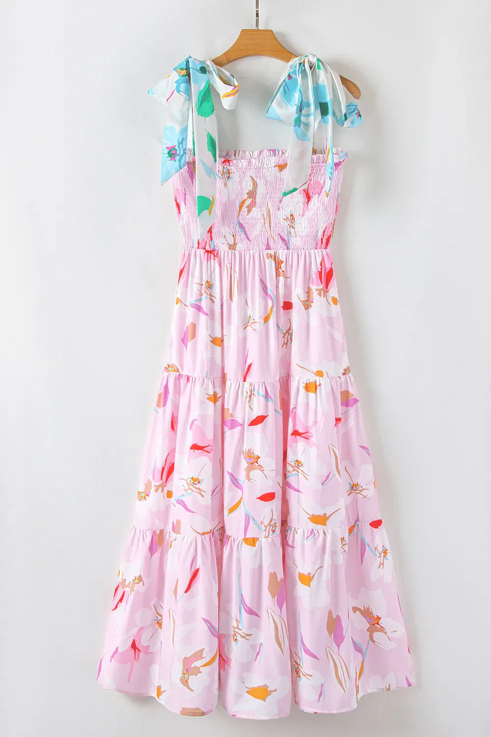 Dhalia™ | Vestido largo fruncido con hombros anudados y estampado floral rosa