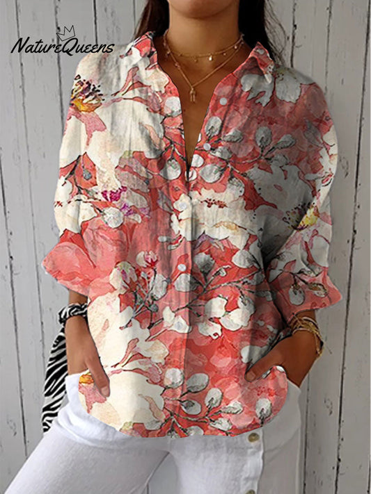 Vye™ | Camisa informal de algodón y lino con estampado floral vintage y cuello en V para mujer