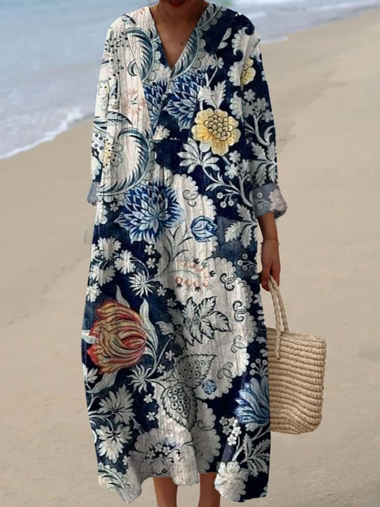 Rétro Boho Floral Imprimé Large Col En V Vintage Lâche Mi-longueur Manches Coton Midi Robe