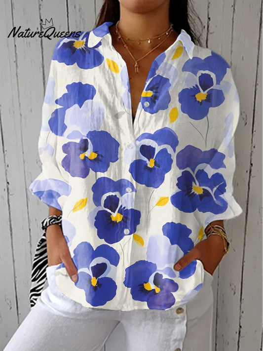 Pax™ | Camisa informal de lino con cuello en V y estampado artístico de flores vintage para mujer