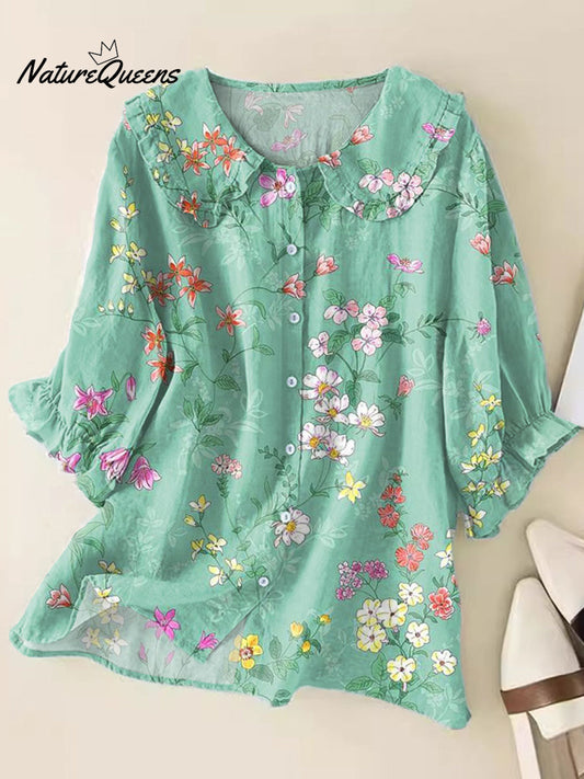 Mio™ | Blusas de mujer con estampado floral vintage, corte holgado, cuello Peter Pan y manga corta