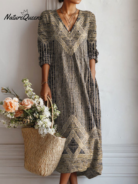 Thread™ | Vestido de lino con bolsillo y estampado artístico geométrico abstracto de estilo vintage