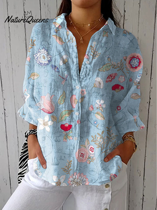 Women's Bright Flower Art Print Casual Linen V-neck Shirt