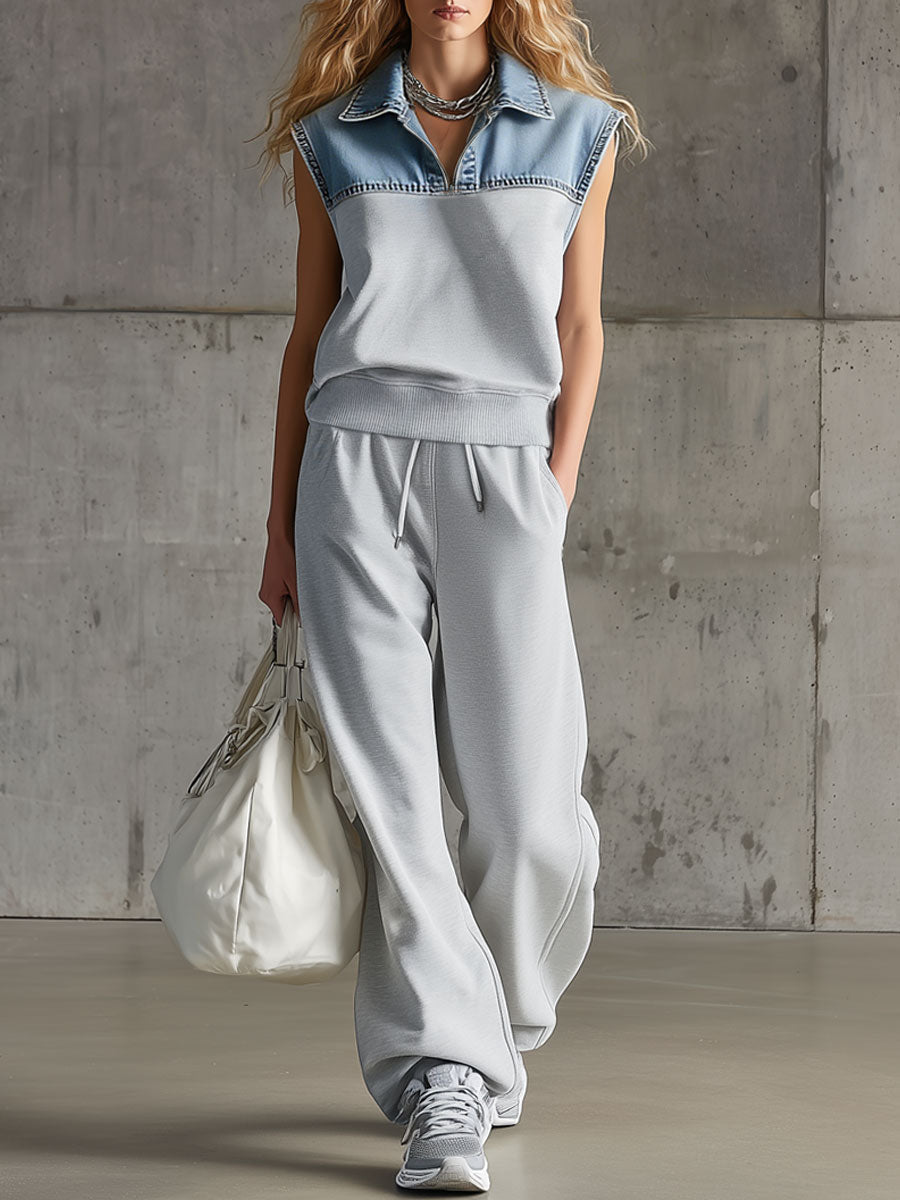 Silky™ | Conjunto de sudadera sin mangas y pantalones de denim retro