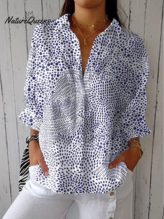 Women's Vintage Polka Dot Art Print Casual Linen V-neck Shirt