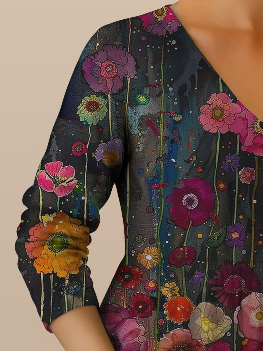 Mereana™ | Vestido midi de algodón con estampado floral botánico retro boho, cuello en V, doble dobladillo y mangas largas