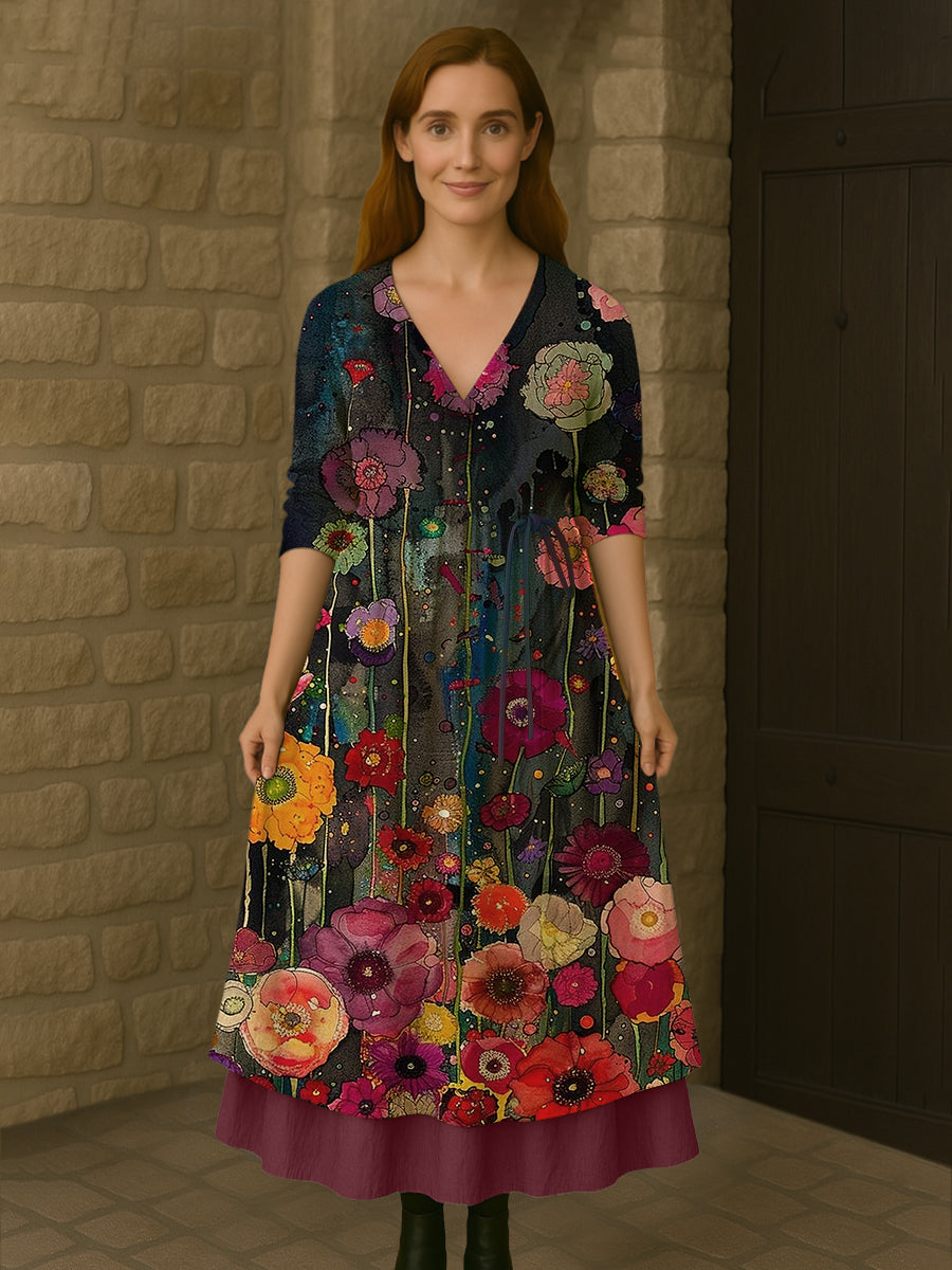 Mereana™ | Vestido midi de algodón con estampado floral botánico retro boho, cuello en V, doble dobladillo y mangas largas