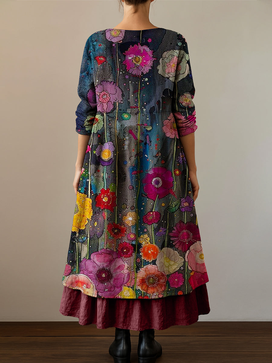 Mereana™ | Vestido midi de algodón con estampado floral botánico retro boho, cuello en V, doble dobladillo y mangas largas