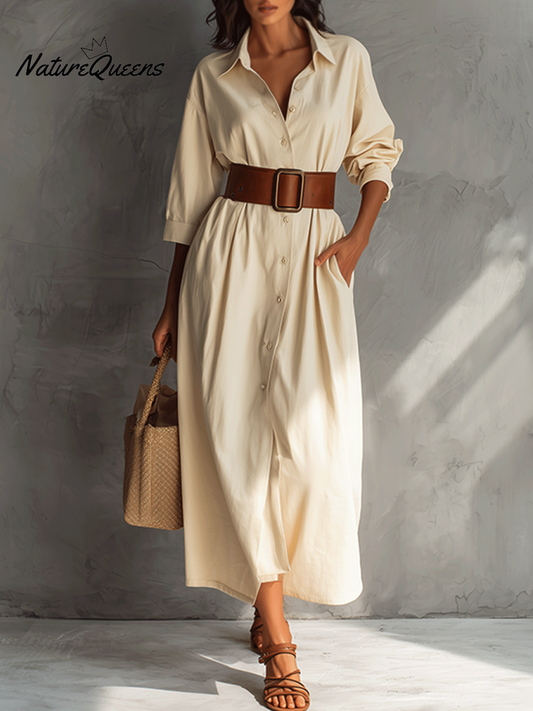 Veda™ | Vestido largo informal de color crema con cuello de lazo