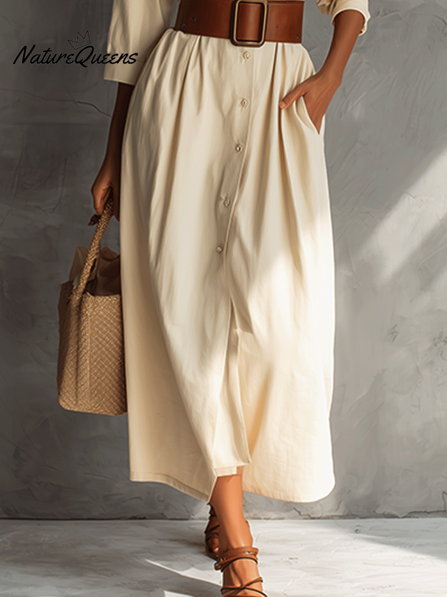 Veda™ | Vestido largo informal de color crema con cuello de lazo