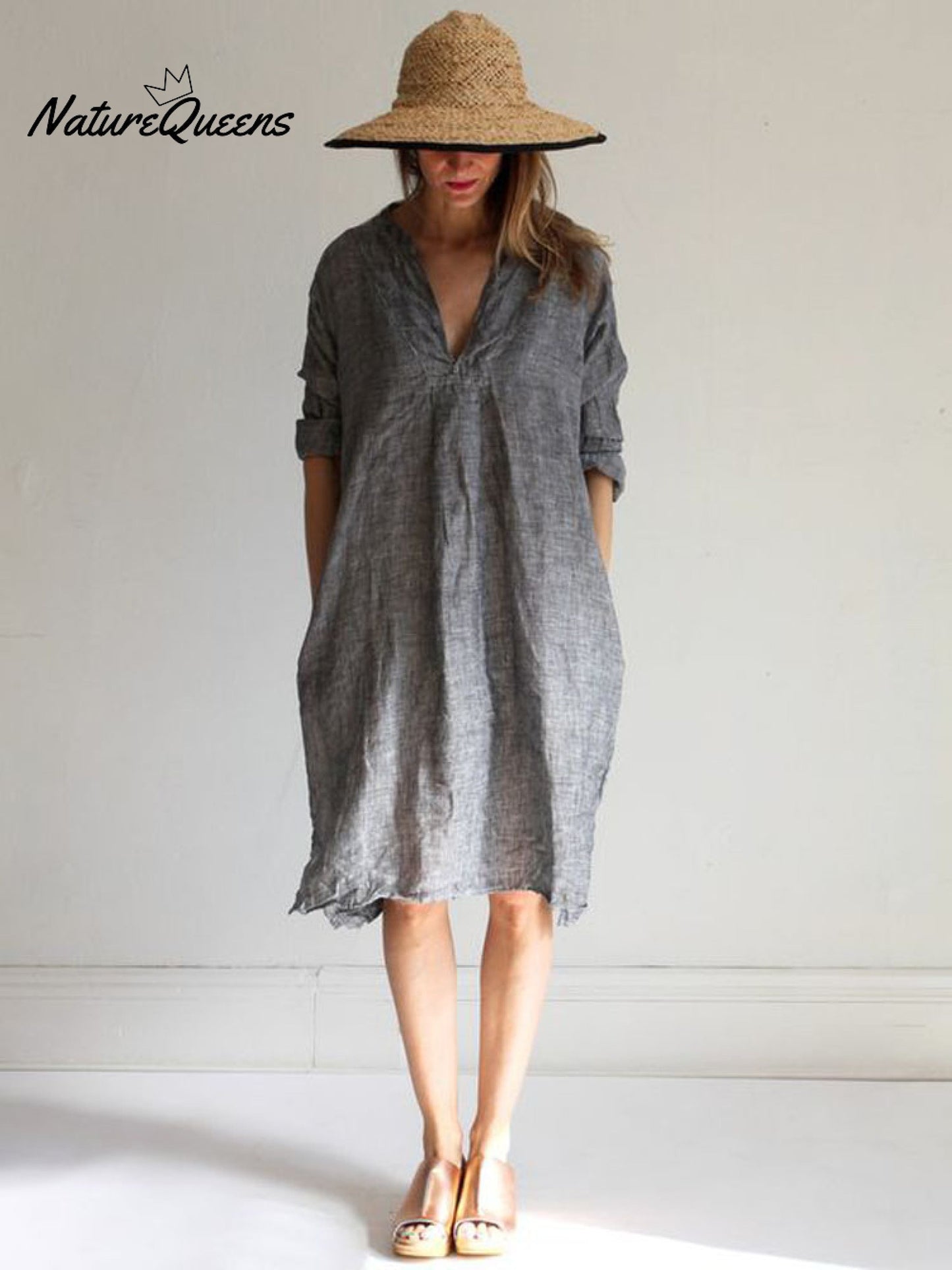 Synthx™ | Vestido largo informal de lino con cuello en V