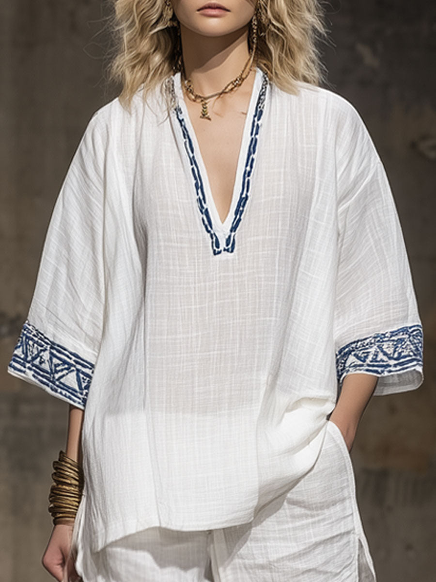 Lunar™ | Conjunto de camiseta de manga corta y pantalones cortos de algodón y lino blanco con bordados de estilo bohemio