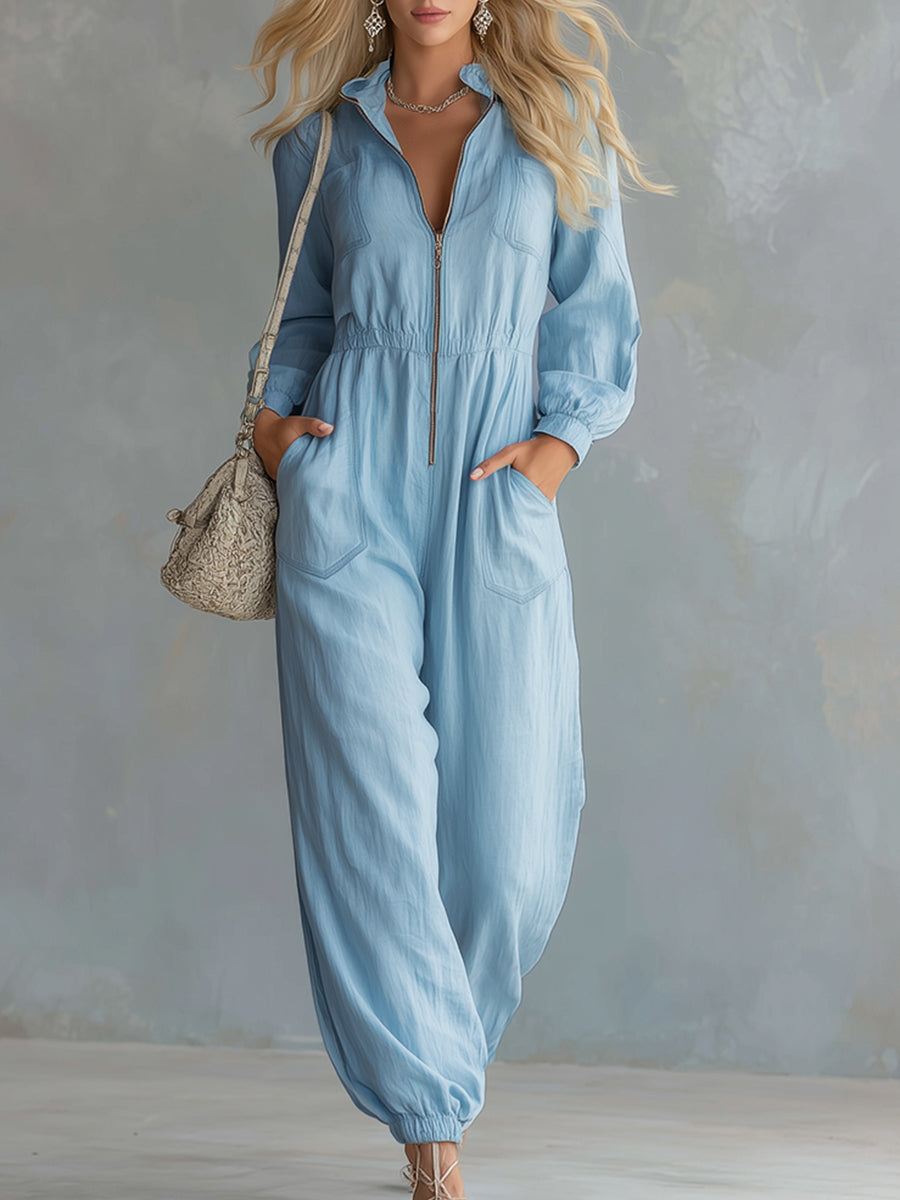Novaire™ | Mono de manga larga en azul claro, de algodón y lino, con cremallera frontal y estilo urbano elegante