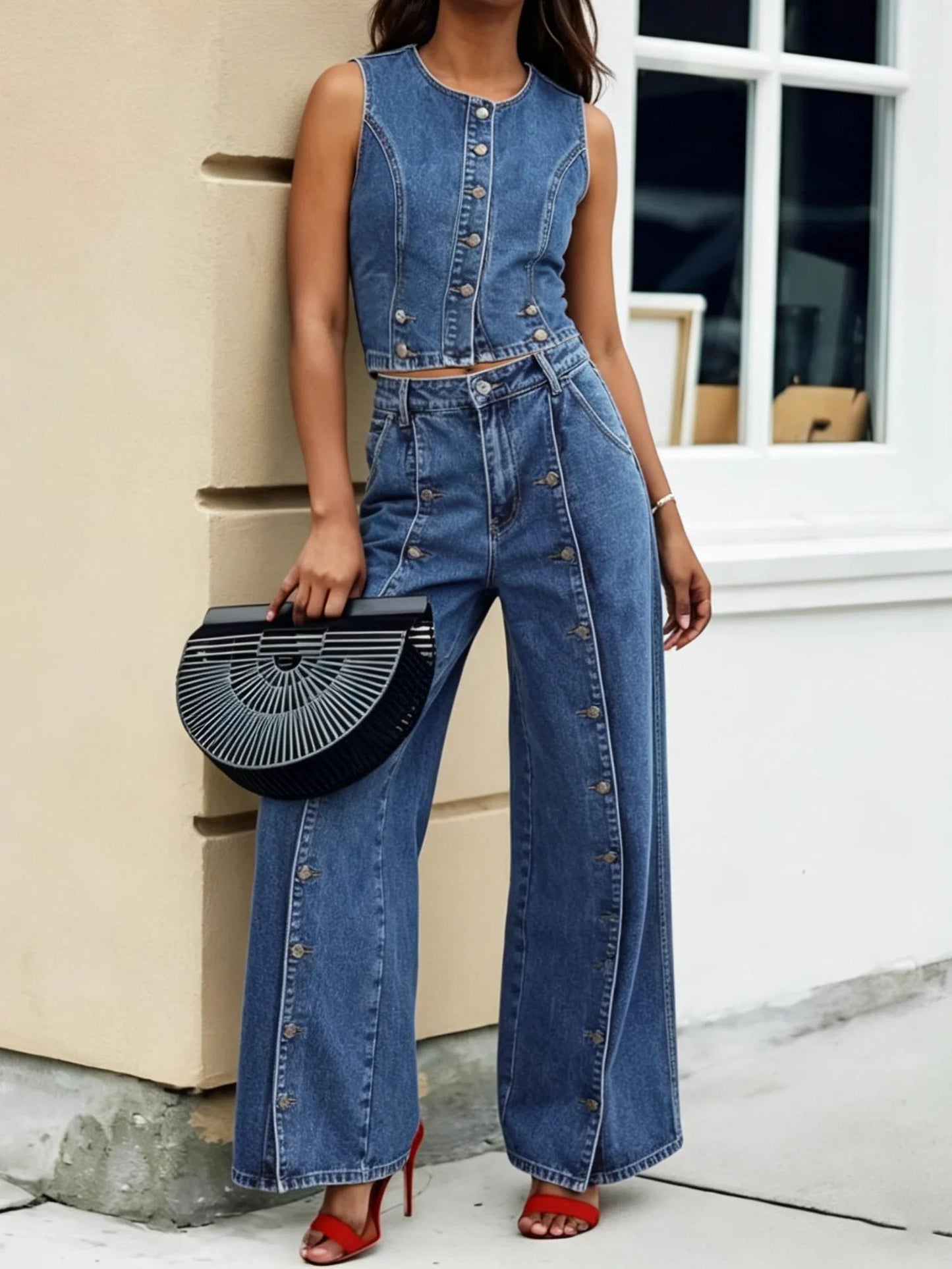 Svala™ | Conjunto de top corto vaquero retro y vaqueros de pierna ancha