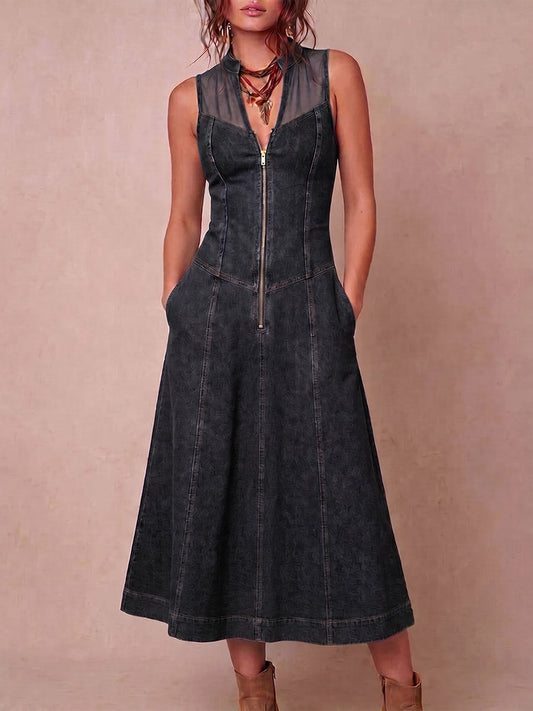 Glitch™ | Vestido informal holgado sin mangas con cuello en V y paneles de denim para mujer