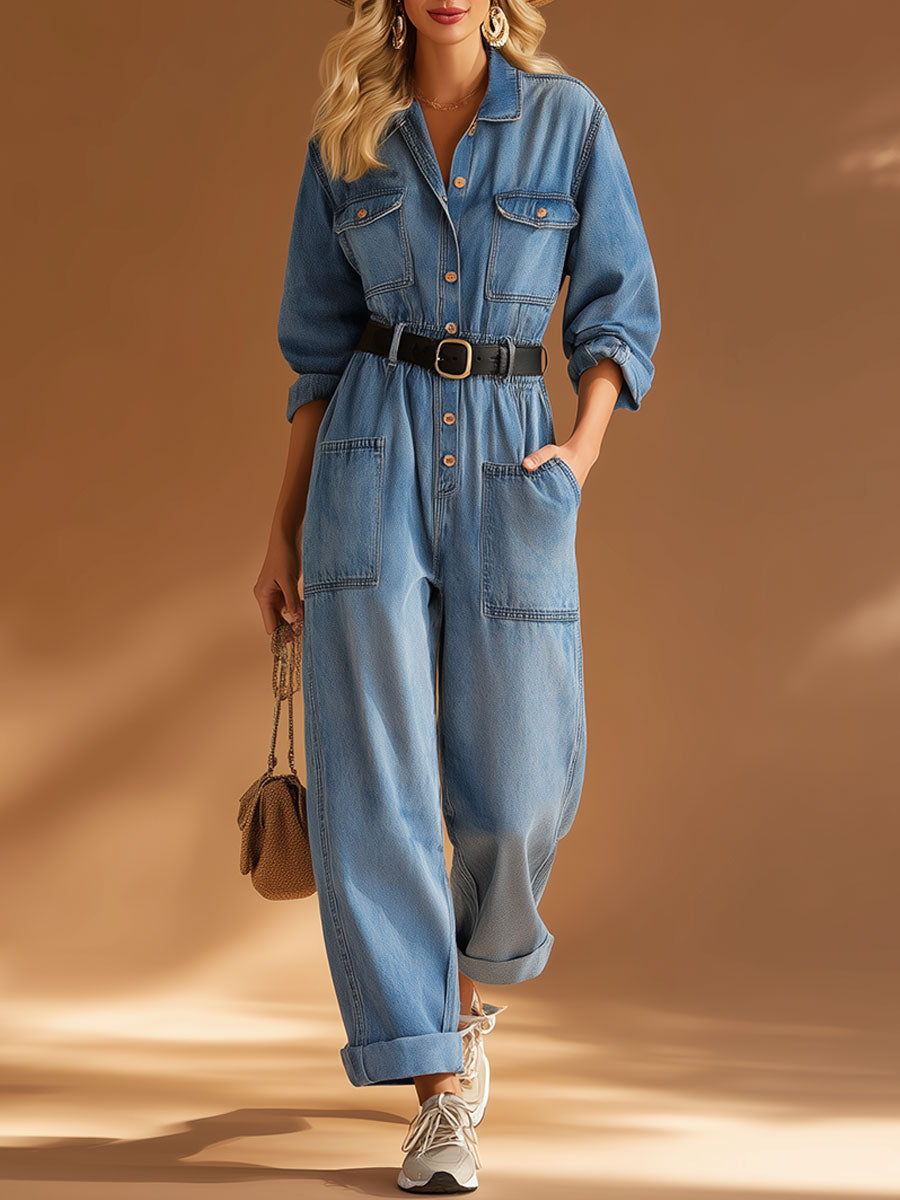 Silve™ | Mono de manga larga de denim azul, estilo casual retro, con solapa y botones