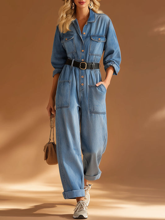 Silve™ | Mono de manga larga de denim azul, estilo casual retro, con solapa y botones