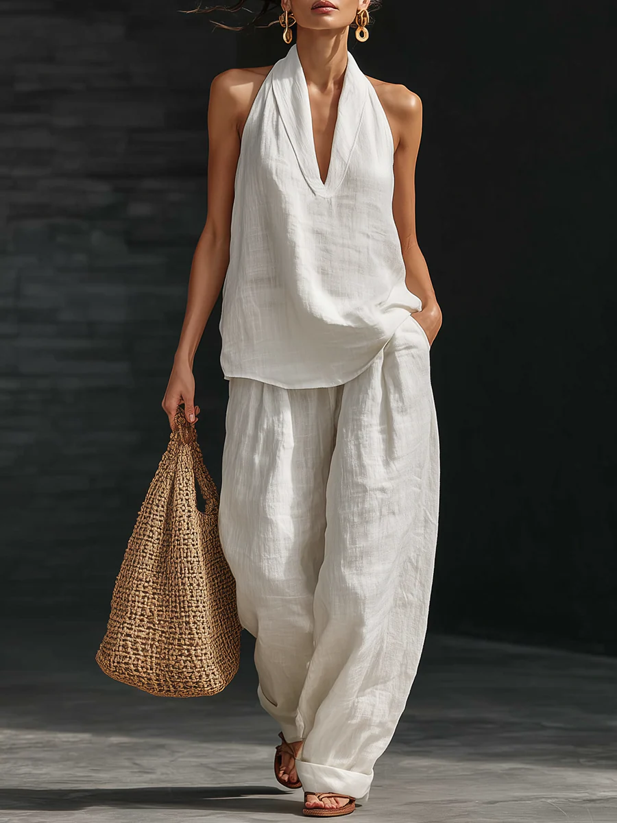Raiza™ | Conjunto de lino con escote en V y pantalón fluido