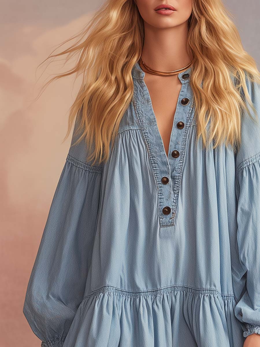 Lavanda™ | Elegante minivestido de denim azul claro de estilo occidental