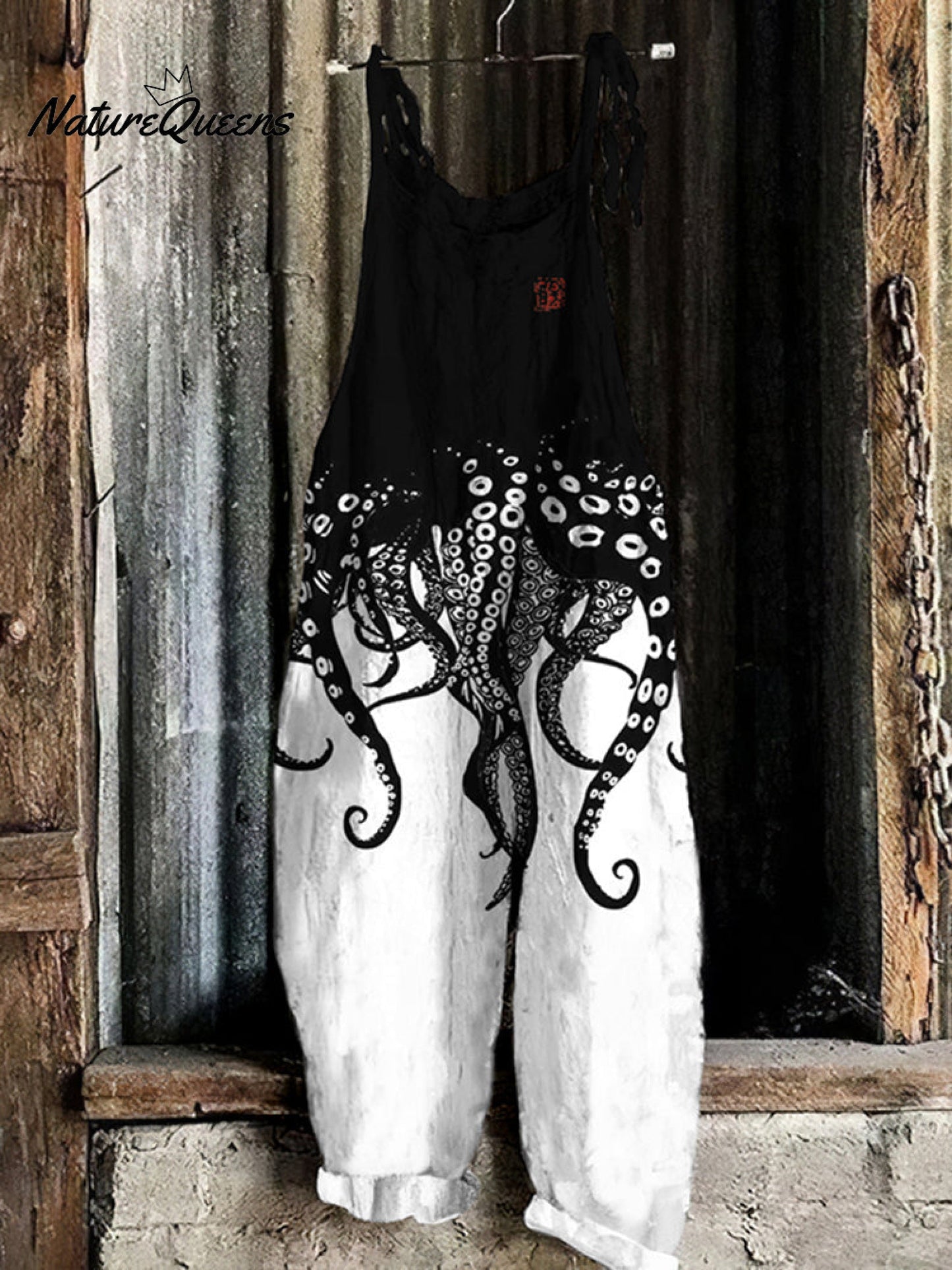 Keppler™ | Mono holgado informal de mezcla de lino con estampado vintage japonés de patas de pulpo