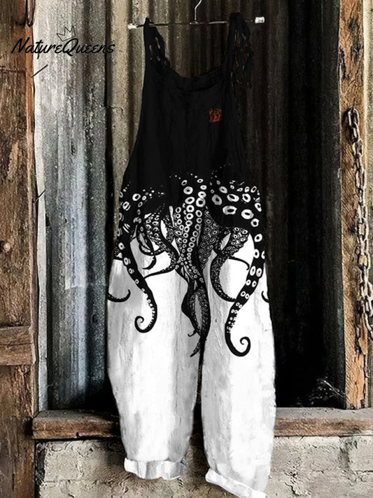 Keppler™ | Mono holgado informal de mezcla de lino con estampado vintage japonés de patas de pulpo
