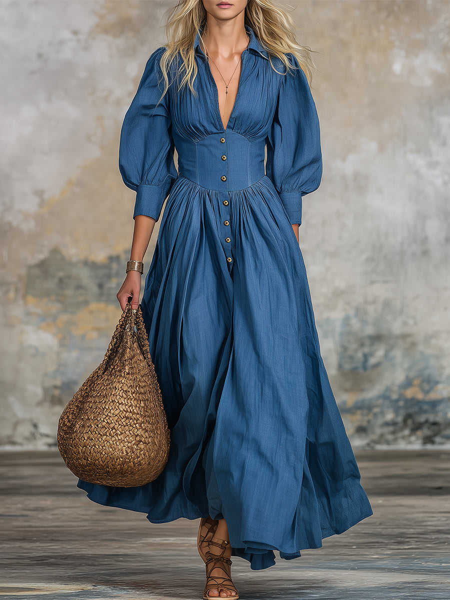 Fluvie™ | Elegante vestido largo de denim azul con cuello en V
