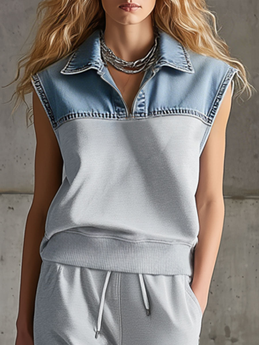 Silky™ | Conjunto de sudadera sin mangas y pantalones de denim retro