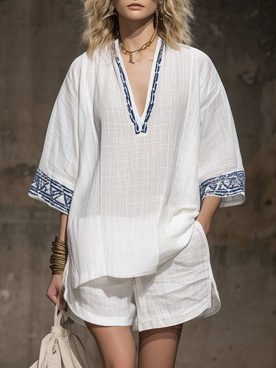 Lunar™ | Conjunto de camiseta de manga corta y pantalones cortos de algodón y lino blanco con bordados de estilo bohemio